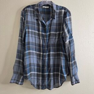 ELIOT Silk Shirt Medium‎ Blue Plaid Button Down Long Roll Tab Sleeve